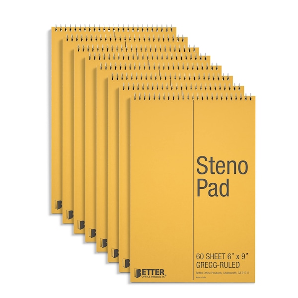 Better Office Products Spiral Steno Pads, 6in. x 9in. 60 Sheets, White Paper, Gregg Rule, Natural Board Cover, 8PK 25808 - main